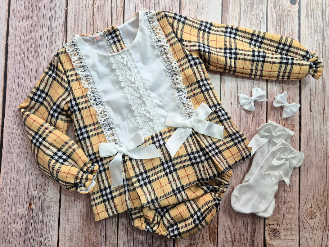 Beige & Black Check Dress set by Button Up Baby